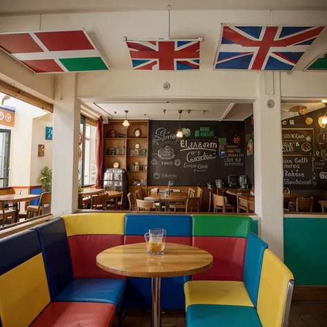 Cafe with many animated colors with tourism theme, travel-themed furniture with country flags and representations of some countries 