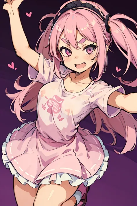 Girl with pink hair, long double-tailed hairstyle, ((small pink bushy eyebrows)), wearing lolita clothing, shorts, marked vagina, lolicon (Zankuro) drawing style by zankuro artist, Zancro style, image uploaded to R34, flirty smile, take a selfie, close-up,...