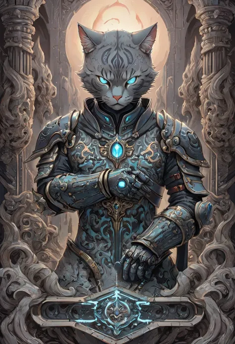 cat knight with cyan glowing eyes, (anthropomorphic cat:1.4), engraved ornate heavy deathknight armor, gleaming steel, dramatic sky, dark sides, dark corners, ghostly flames, ominous, fearsome, ethereal, angry, dynamic pose, Movie Still, cover art, vertica...