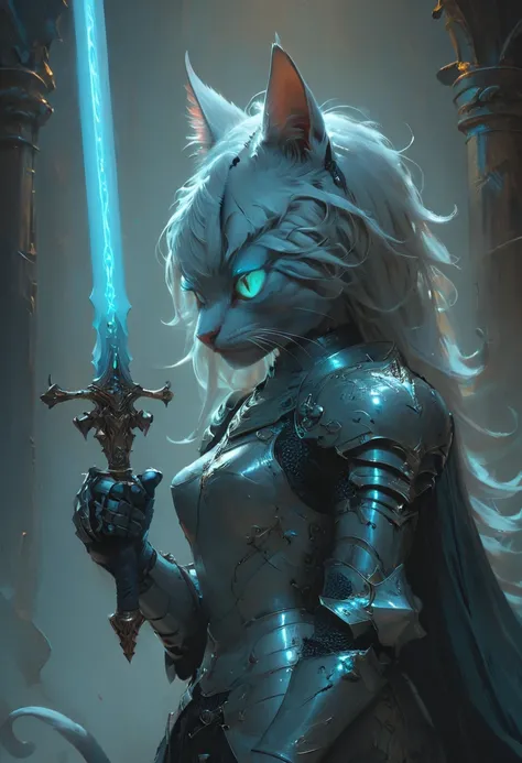 cat knight with cyan glowing eyes, (anthropomorphic cat:1.4), ethereal, angry, dynamic pose, Movie Still, cover art, vertical symmetry, famous artwork by artgerm and guweiz, ninja, hkstyle, (masterpiece, best quality, perfect composition, very aesthetic, a...