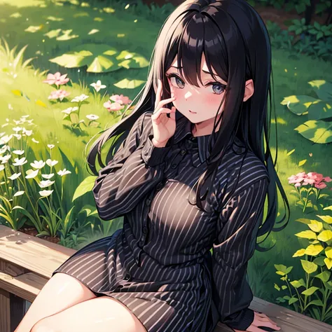 Girl with straight black hair sitting under a tree wearing a black and white striped long-sleeved shirt covering her eyes with her hands 