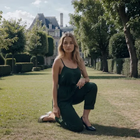 Femme, French, 30 ans, blonde, wear a green jumpsuit with straps, (chaussures, des ballerines noir avec un petit neu), jardin de ville, printemps, fleurie, deux jambes, deux pieds, ultrarealistic, vue densemble, full view, soleil 