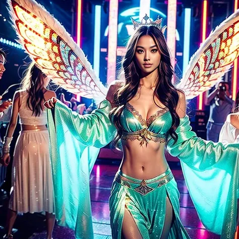 victoria's secret angel半服を着ており、wearing ultralight sexy robes。the camera is、capture victoria's secret angel dancing on the water，...