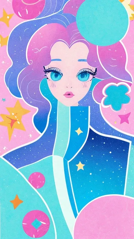 The image features a female character illustration with stylized strokes and pastel color. The character has long, wavy hair., colored in pale pink and pale blue, qui semblent être une couleur de cheveux artificielle ou une couleur de cheveux de personnage...