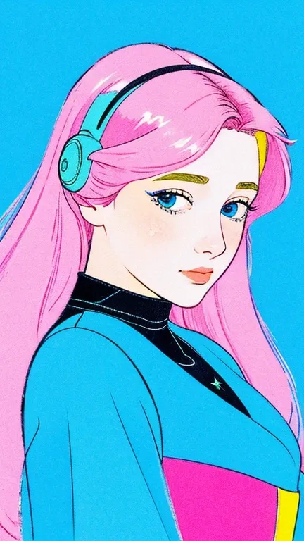 The image features a female character illustration with stylized strokes and pastel color. The character has long, wavy hair., colored in pale pink and pale blue, qui semblent être une couleur de cheveux artificielle ou une couleur de cheveux de personnage...