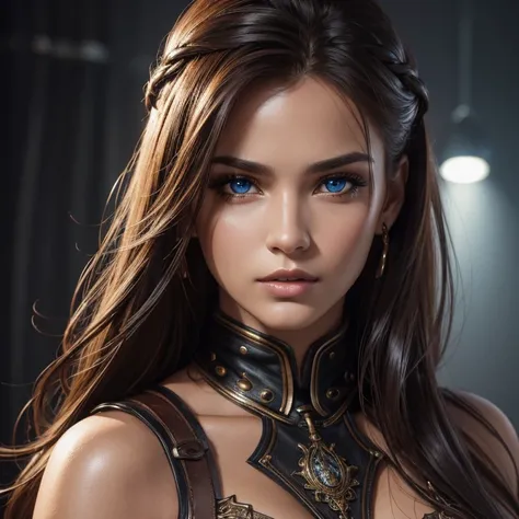 (best quality,4k,highres),realistic,portrait,leather,sexy,beautiful detailed face,gorgeous hair,detailed eyes and lips,well-defined body,alluring pose,vivid colors,studio lighting,shiny textures,fierce expression