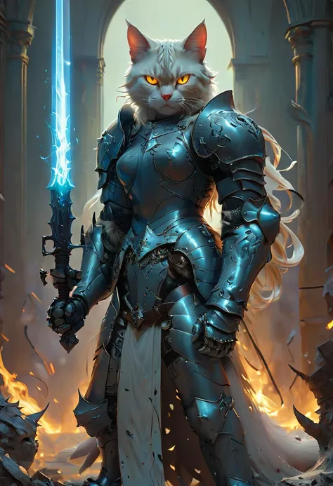 cat knight with glowing eyes, war field, (anthropomorphic cat:1.4), ethereal, angry, dynamic pose, Movie Still, cover art, vertical symmetry, famous artwork by artgerm and guweiz, hkstyle, (masterpiece, best quality, perfect composition, very aesthetic, ab...