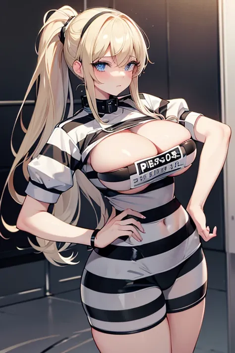 mugshot, view the viewer, Huge breast, prisoner, prison girl, jailed, prisoned, Striped black and white prison jumpsuit, Handcuffed, Restrained, shackle, domina, jail cell, lock, long blonde hair, ponytail, blue eyes