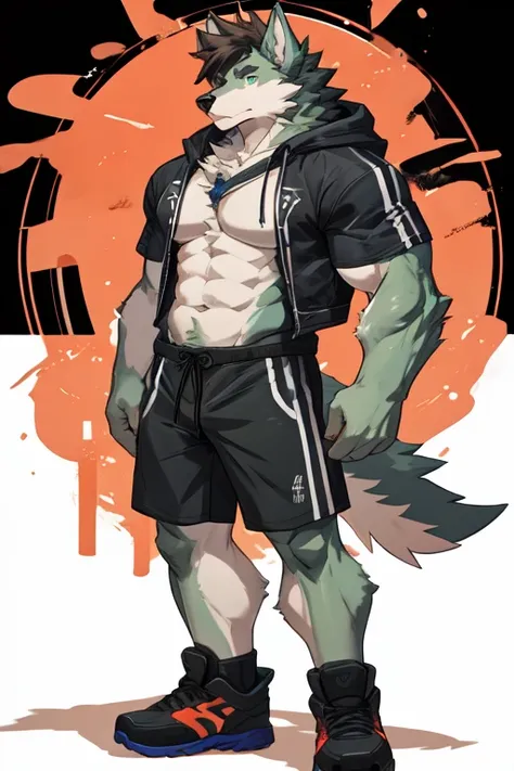 Furry, anthropomorphic wolf, Russet brown fur, dark brown hair, dark green eyes, 61 and 173 lbs, 41" Chest, 19" Shoulders, 13" Biceps, 32" waist, 23" Thighs, 15" Calves, 19" Back, twink, lime green hoody, gray-green T-shirt, gray-ish green sweat shorts, we...