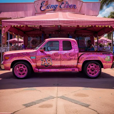 a vibrant pink truck adorned with wavy patterns reminiscent of traditional carnival costumes in pixar cars