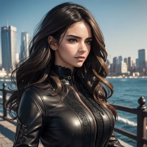 (best quality,ultra-detailed,realistic:1.37),portrait,leather,beautiful detailed face,perfect facial features,detailed eyes,luscious lips,black leather outfit,wavy hair,captivating gaze,confident stance,city backdrop,soft natural lighting,vibrant colors,ex...