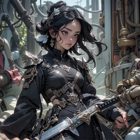 There is a woman in a black outfit, Holding the Sword, Ross Tran 8 k, 3d rendered character art 8 K, Ross Tran style, by Russell Dongjun Lu, in the style of Ross Tran, stunning character art, artwork in the style of the quiz, hyperdetailed fantasy characte...