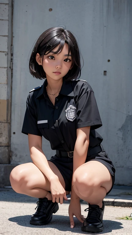 Arafed Asian woman in black shirt and shorts posing crouched for a photo, con uniforme negro, chica con uniforme, traje: Police, ropa moderna negra, camisa corta con chaqueta, camisa negra, chica atractiva marimacho, Photograph of a woman in technical clot...