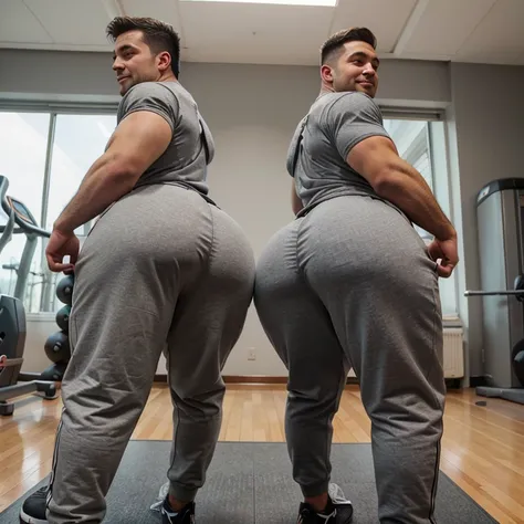 Two male college football players, muscular, jocks, at the gym, athletic, shirtless, dark brown hair, wearing grey sweatpants, big butt, huge ass, curvy men, comically massive ass, bubblebutt, thick, thicc, thick ass, thick legs, thick thighs, huge butt ch...