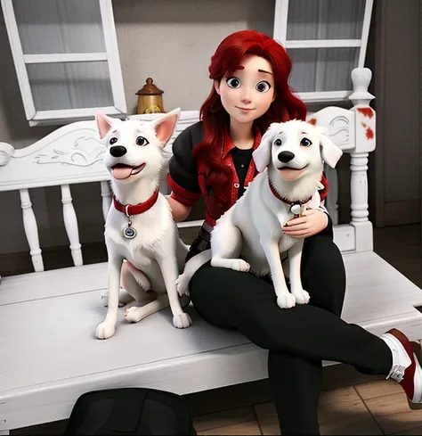 red-haired woman sitting with two white dogs with red colla