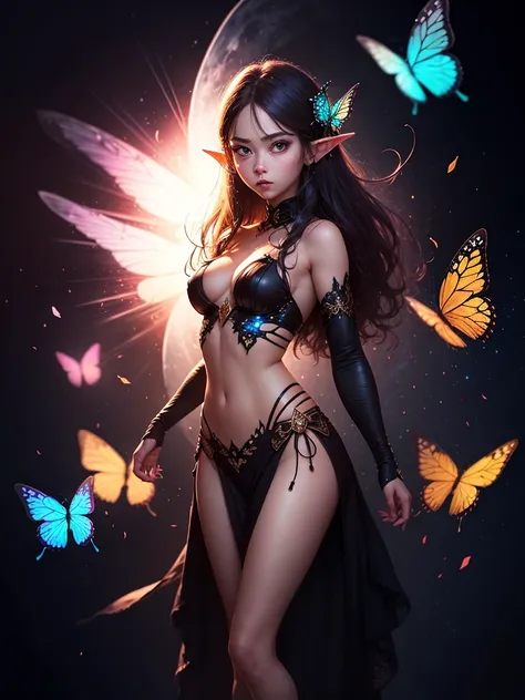 Elf Girl，butterfly wings，with light glowing，Colorful，8K,A high resolution,tmasterpiece,Beautiful wallpapers,high qulity,high detal,movie lighting,OC renderer,s the perfect face,dynamicposes,offcial art,full body shot shot,blur backgroun, --niji 5