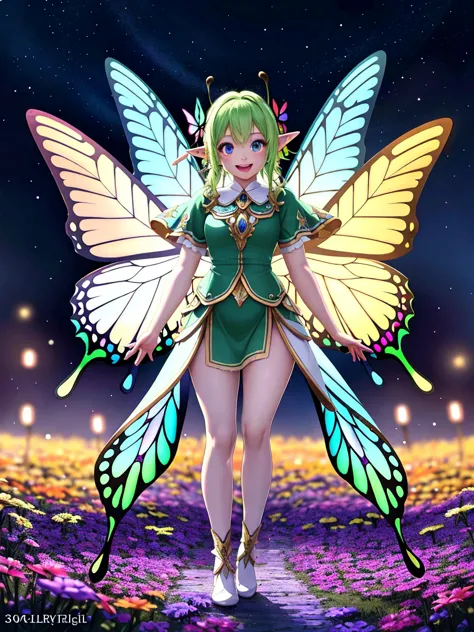 elf girl，butterfly wings，with light glowing，colorful，8k,a high resolution,tmasterpiece,beautiful wallpapers,high qulity,high det...