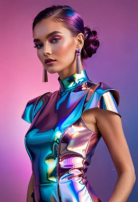 The image shows a woman posing in a futuristic, metallic dress that has a shimmering, iridescent quality. The dress is a blend of pink and blue hues, giving it a vibrant and eye-catching appearance. The woman has her hair styled in an updo, and she is wear...