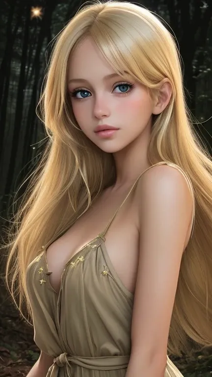 create a beautiful girl! clear call! with blond hair and brown eyes in a forest at night with shining stars and dancing trees!