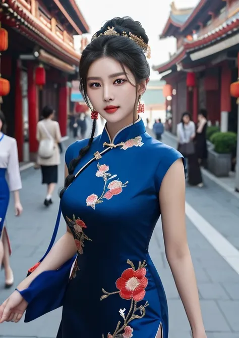 a chinese woman captivates with her rare beauty. With jet-black hair cascading around a face of porcelain perfection, her striking feature is her eyes—blue as the sky at dawn.Her attire, a scarlet qipao adorned with intricate embroidery, blends tradition w...