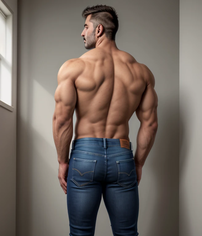 1male, vaqueros, musculoso,  rostro, realista, foto, real foto, jeans, full body, backside