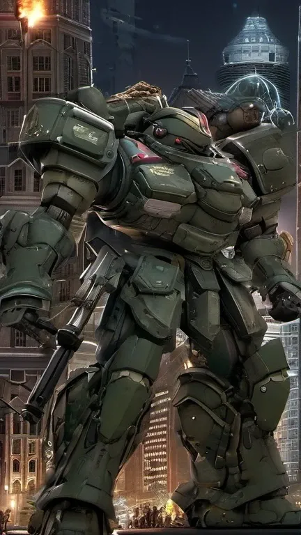 (SRS:0.8),best quality, masterpiece, Super detailed, Mecha Robot,  (City:2.5), (Super detailed mecha armor), Full armor, (Very large mecha:1.5),glowing eyes, (whole body:1.2), (Mechanical Parts:1), (joint:1), (Military Parts:1.1), (Hero Section:1.5), cable...