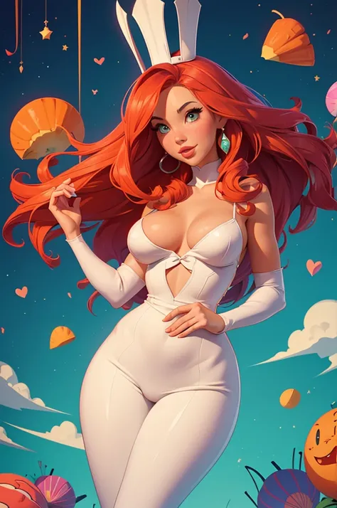 A sexy/cute fairytale lady sweet/wholesome that looks like the daughter of Olivia Munn and the comedian Carrot Top. thin, curvy, hyper-hourglass figure.
