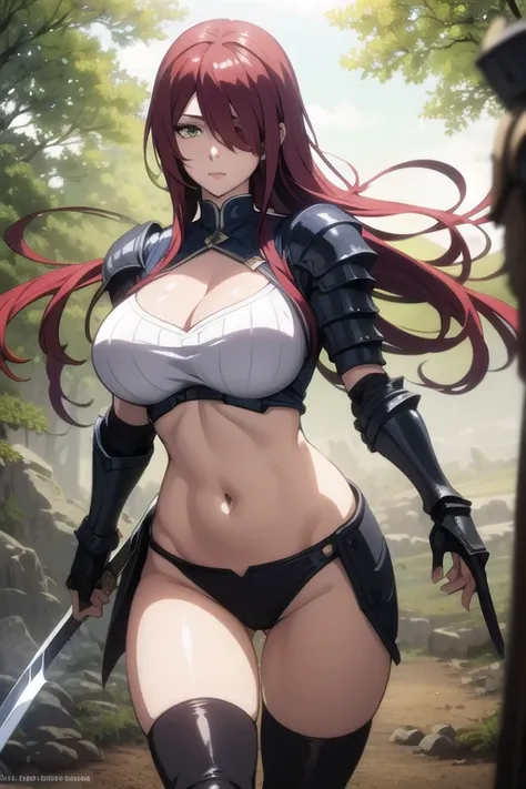 mature women,milf,large breast,beautiful face,long hair, shiny hair, green eyes,high detailed,red hair, hair over one eye,masterpiece,cowboy shot,perfect anatomy,cleveage,dynamic pose,((wearing armour)), cleavage, curvy,midriff, thigh strap, boots, hold sw...