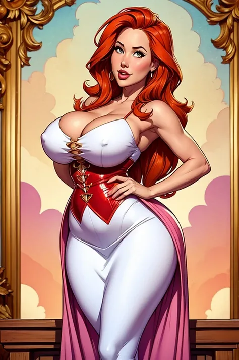 A sexy/cute fairytale lady sweet/wholesome that looks like the daughter of Olivia Munn and the comedian Carrot Top. thin, curvy, hyper-hourglass figure. Traditional/conservative dress. Exudes love, submission and conservative values.
