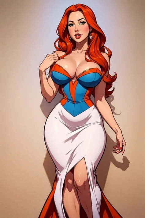 A sexy/cute fairytale lady sweet/wholesome that looks like the daughter of Olivia Munn and the comedian Carrot Top. thin, curvy, hyper-hourglass figure. Traditional/conservative dress. Exudes love, submission and conservative values.
