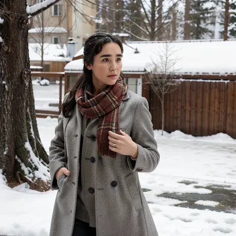 Jennifer Connelly in the snow wearing a coat and scarf