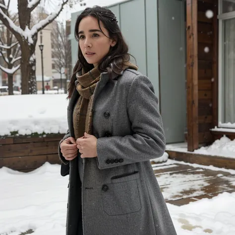 Jennifer Connelly in the snow wearing a coat and scarf