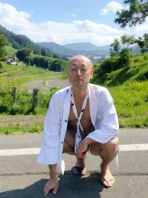 high quality,masterpiece, cowboy shot, 1 person,field,On the mountain path,dark,evening, Front view,public indecency, (looking at the viewer,60歳male性、male,Bald,Japanese,coat over naked, Strain Lift,barefoot,bare chest,whites fundoshi, sweat vapor,embarrass...