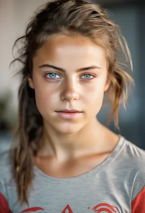 photographie du corps entier d&#39;un grand, athletic, fille de 13 ans, (physique tonique) , cheveux longs raides rouge-brun, ye...