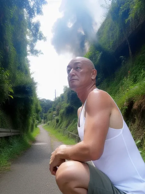 cowboy shot, 1 person,on the mountain path,dark,evening, front view, (looking at the viewer,60歳male性、male,bald,japanese,tank top...