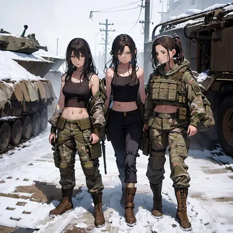 a group of  female soldiers, (in snow storm), various hair styles, tank top, harem, beautiful leg, midriff, camouflage military ...