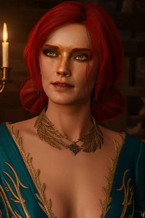 masterpiece, triss merigold, high detail plunging witch dress, intricately detailed background, (uhd, 8k wallpaper, high resolut...