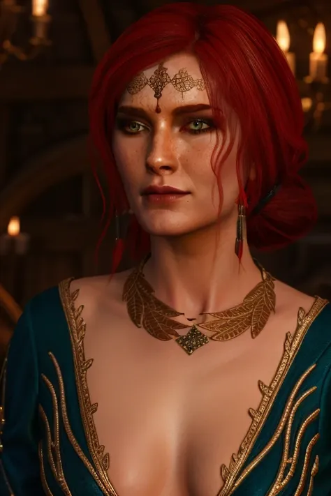 masterpiece, triss merigold, high detail plunging witch dress, intricately detailed background, (uhd, 8k wallpaper, high resolut...