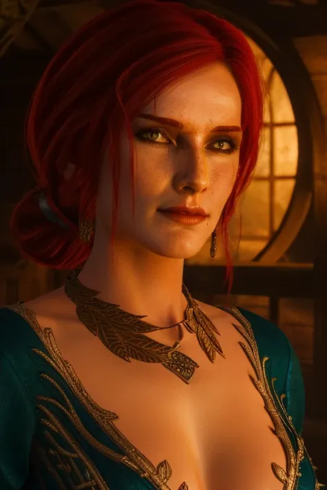 masterpiece, triss merigold, high detail plunging witch dress, intricately detailed background, (uhd, 8k wallpaper, high resolut...