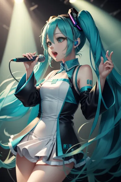 Hatsune Miku singing with a microphone in her hand, white outfit with blue and black, proportional figure, long cyan twintails, cyan eyes, Definition and sharpness of textures, Two-colored light, (stage background), (Highly detailed), (high resolution), (B...