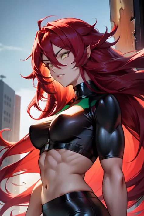 extremely long hair messy hair wavy hair hair between the eyes black hair yellow eyes pale skin upset muscular girl muscular girl muscular girl red hair with blue highlights green eyes 