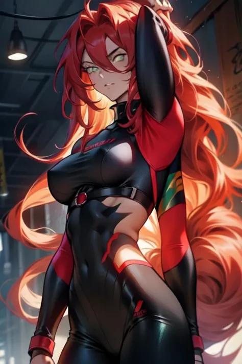 extremely long hair messy hair wavy hair hair between the eyes black hair yellow eyes pale skin upset muscular girl muscular girl muscular girl red hair with blue highlights green eyes 