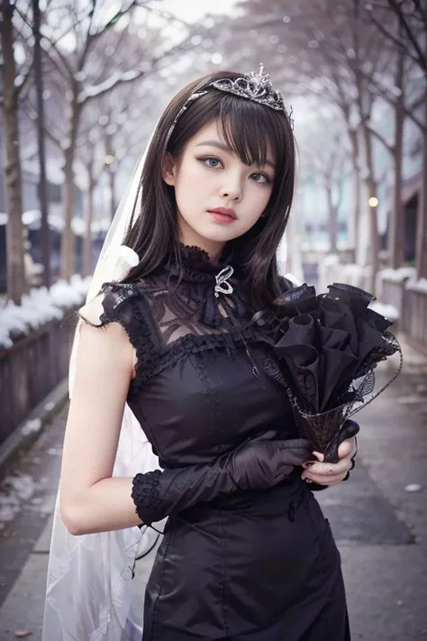 Mujer arafed con un vestido negro y tiara sosteniendo un ramo., 1 7 year old anime gothic girl, an elegant gothic princess, chica anime cosplay, gothic maiden anime girl, muy hermosa top model gotica, neogothic, wearing a gothic dress, gothic and futuristi...