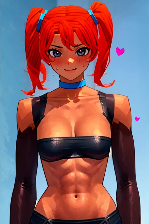 Twintail, red haired, 1girl, grey eyes, tall, well toned, well built, muscled, toned muscles, heart-shaped pupils,fingernails,hands on own face,(blush:1.1),choker,upper body,trembling,sweat,sweatdrop,heart,(speed lines:1.1),medium breasts, ((heavy breathin...