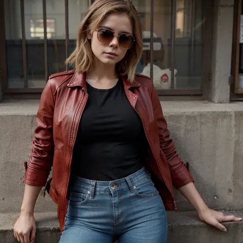 Rose McIver dressed in red leather jacket and tight jeans with sunglasses