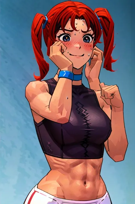 Twintail, red haired, 1girl, grey eyes, tall, well toned, well built, muscled, toned muscles, heart-shaped pupils,fingernails,hands on own face,(blush:1.1),choker,upper body,trembling,sweat,sweatdrop,heart,(speed lines:1.1),medium breasts, ((heavy breathin...