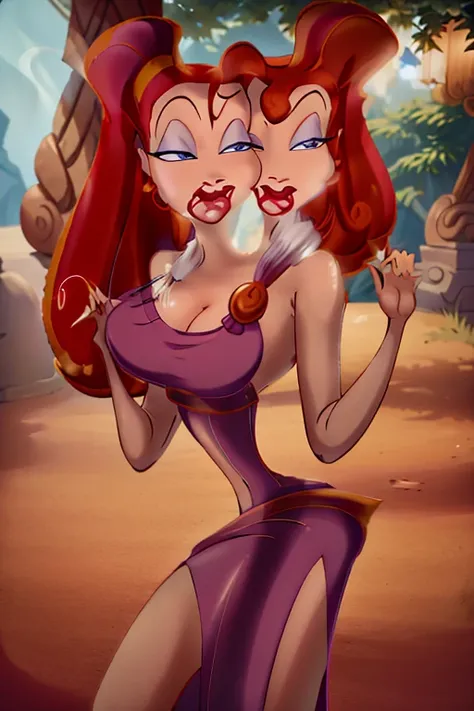 Conjoined naked Megara with three heads and six huge fake siliconed tits