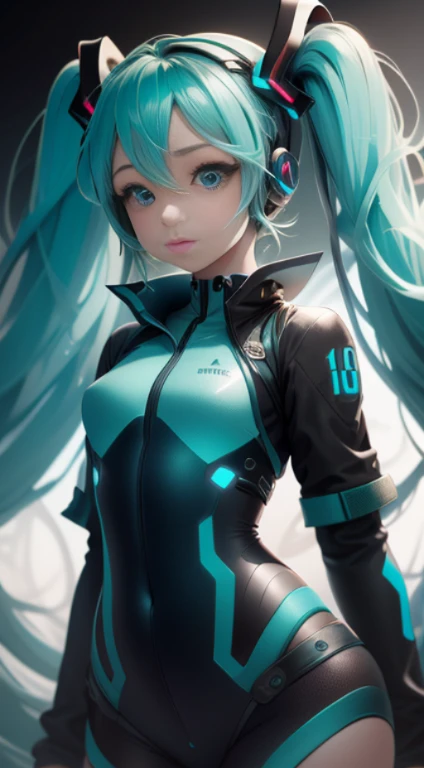 Hatsune Miku, white suit with blue and black, proportional figure, long cyan twintails, cyan eyes, extremely detailed eyes and face, Definition and sharpness of textures, Two-colored light,(stage background), (Highly detailed), (high resolution), (Best qua...