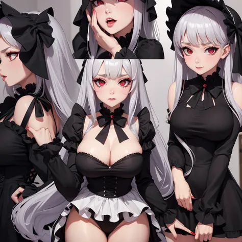 Naughty Rullyne ,smooth tits, black dress, bonnet, bow, dress, frilled dress, frills, large bow, long sleeves, vampire, grey hair, long hair, red eyes, silver hair, makeup, solo, medium tits, super climax eyes, sexy mouth, multiple views