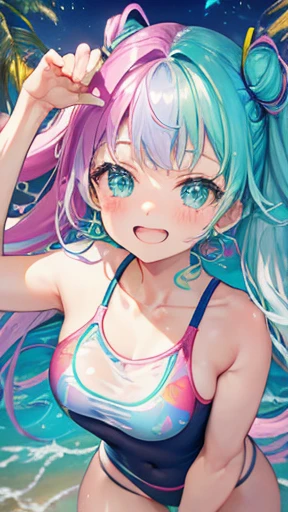 (rainbow colored hair, colorful hair, half silver、half pink hair: 1.2), ,long hair、(Cinematic digital artwork: 1.3), high quality, table top, Turquoise eyes、最high qualityの, Super detailed, figure, [4K digital art]!!、 Kyoto animation style, one woman, clavi...